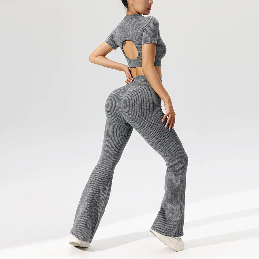 Women’s Seamless Crop Top and Flared Pants Set