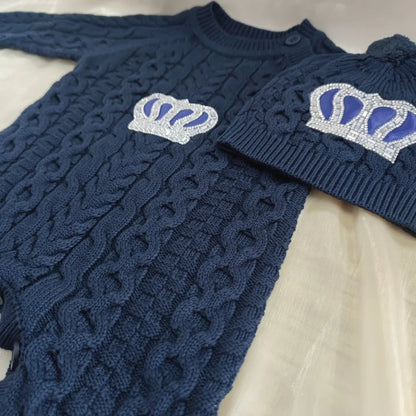 2026 Royal Blue Crochet Baby Romper and Bonnet Set