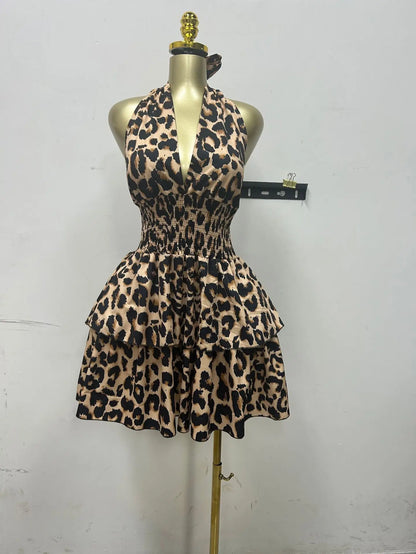 Women’s Leopard Halter Backless Ruffle Swing Mini Dress