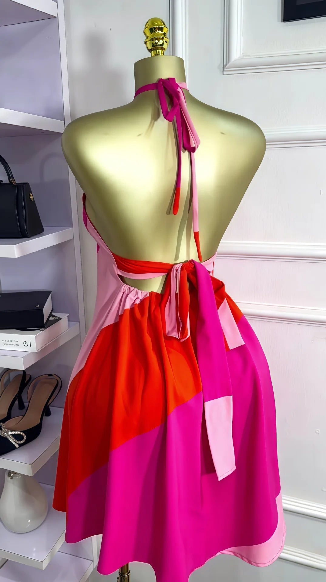 Women’s Colorblock Halter Backless Floral A-Line Mini Dress