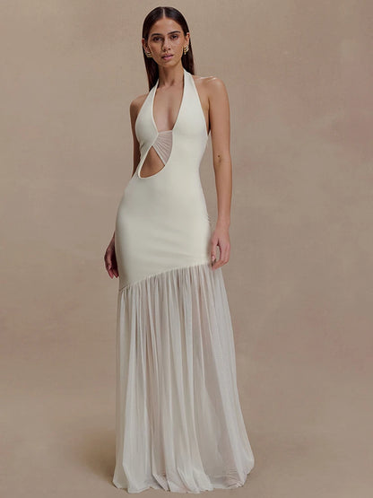 Women's Halter Backless Patchwork Hollow Out Maxi Dress