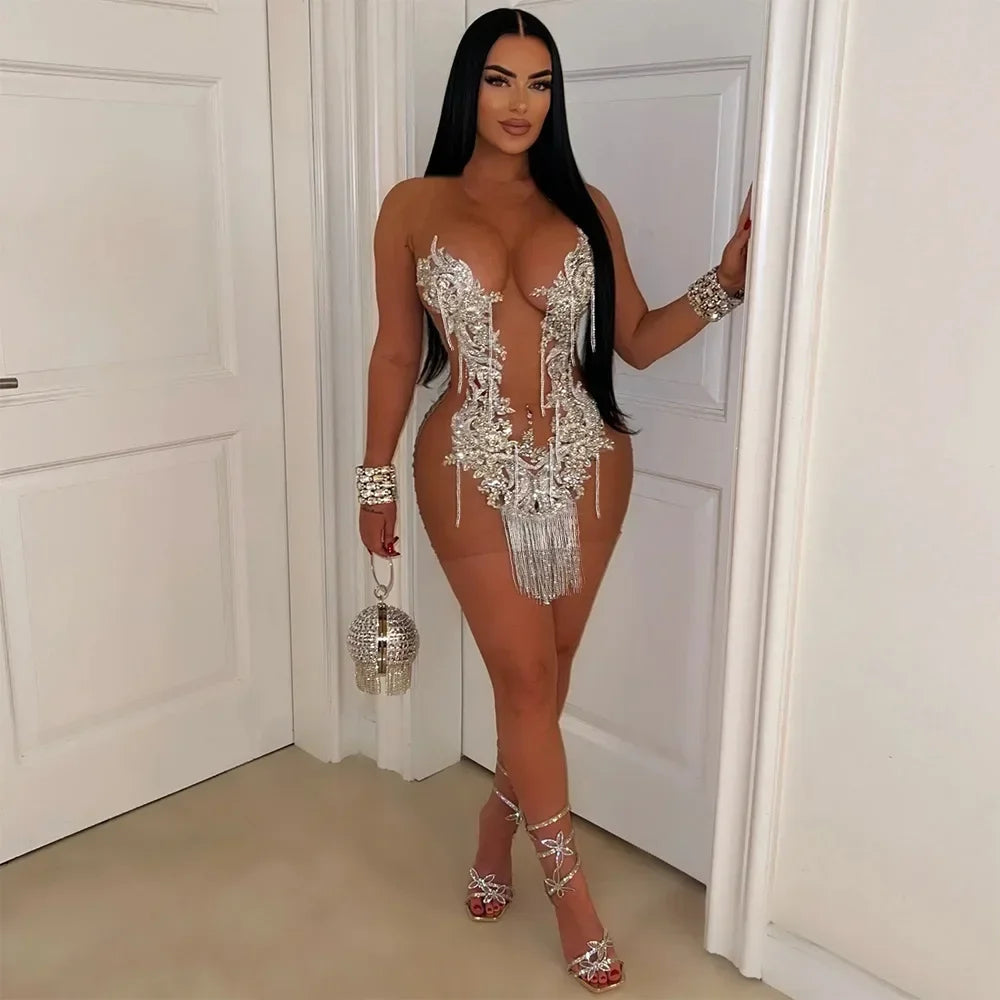 Women’s O-Neck Sequined Mesh Tassel Mini Dress