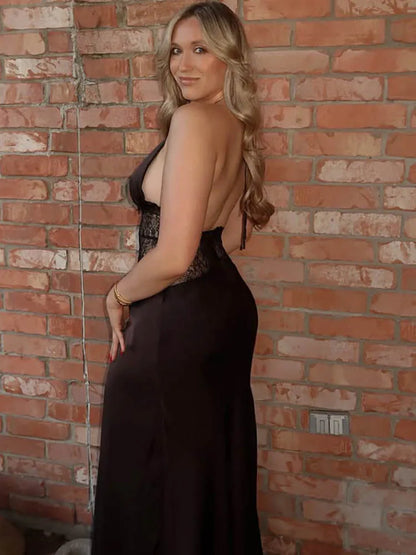 Women's Halter Backless Patchwork Polka Dot Maxi Dress