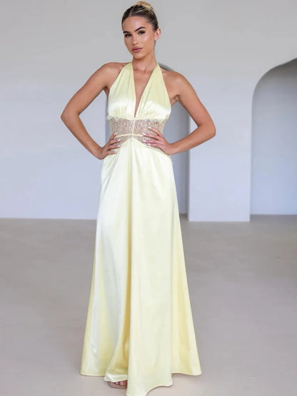 Women's Halter Backless Patchwork Polka Dot Maxi Dress