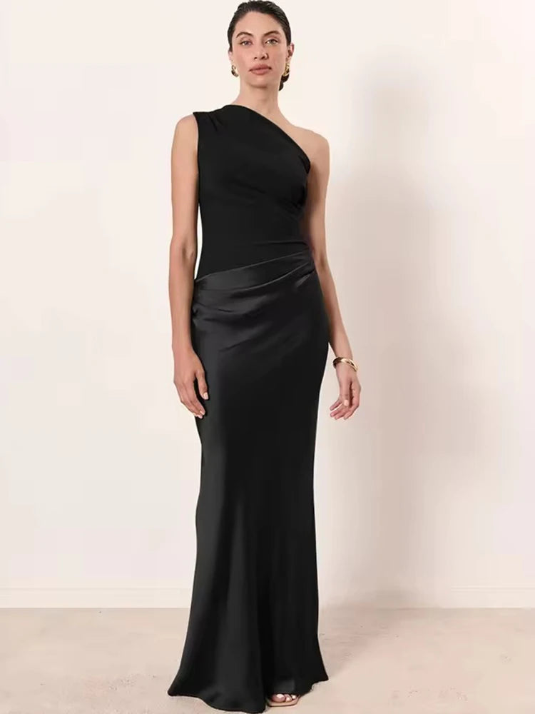 Women's One-Shoulder Patchwork Satin Maxi Dress