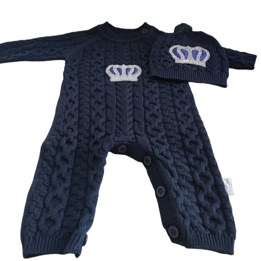 2026 Royal Blue Crochet Baby Romper and Bonnet Set