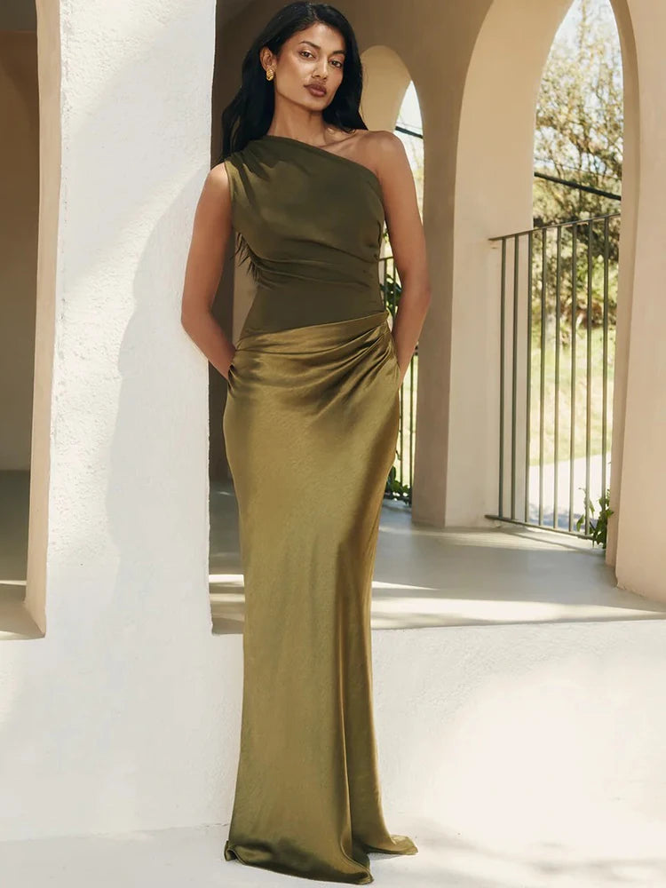 Women's One-Shoulder Patchwork Satin Maxi Dress