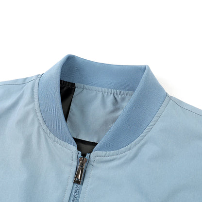 Close-up of a light blue jacket collar with a zipper on a white background