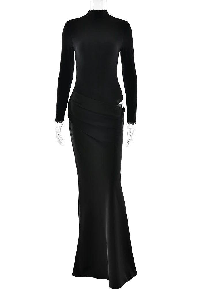 Women's Turtleneck Satin Hollow Out Long Sleeve Maxi Dress