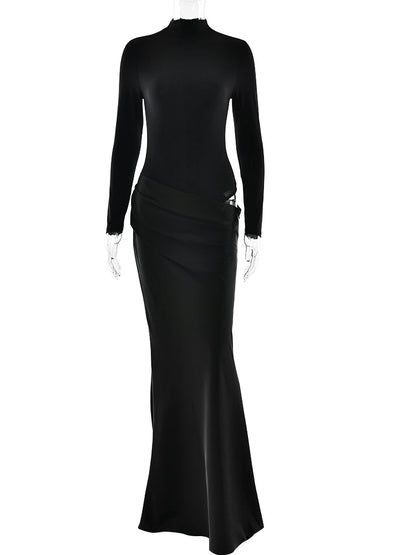 Women's Turtleneck Satin Hollow Out Long Sleeve Maxi Dress