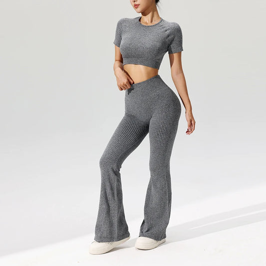 Women’s Seamless Crop Top and Flared Pants Set