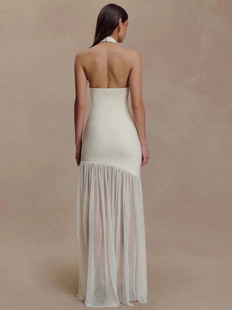 Women's Halter Backless Patchwork Hollow Out Maxi Dress