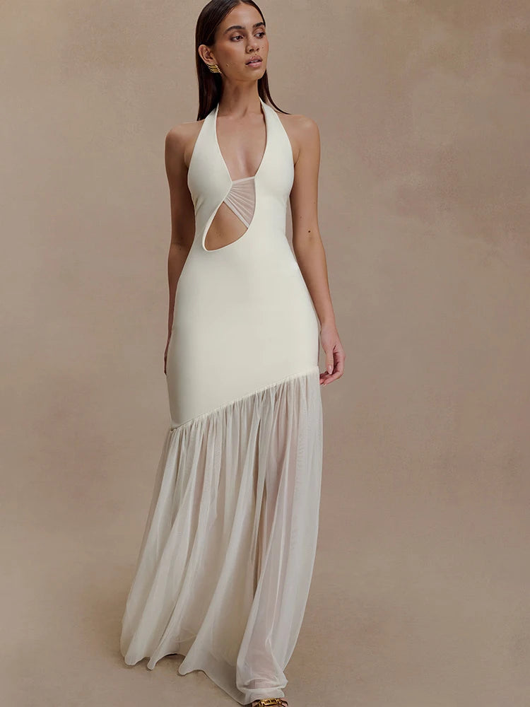 Women's Halter Backless Patchwork Hollow Out Maxi Dress