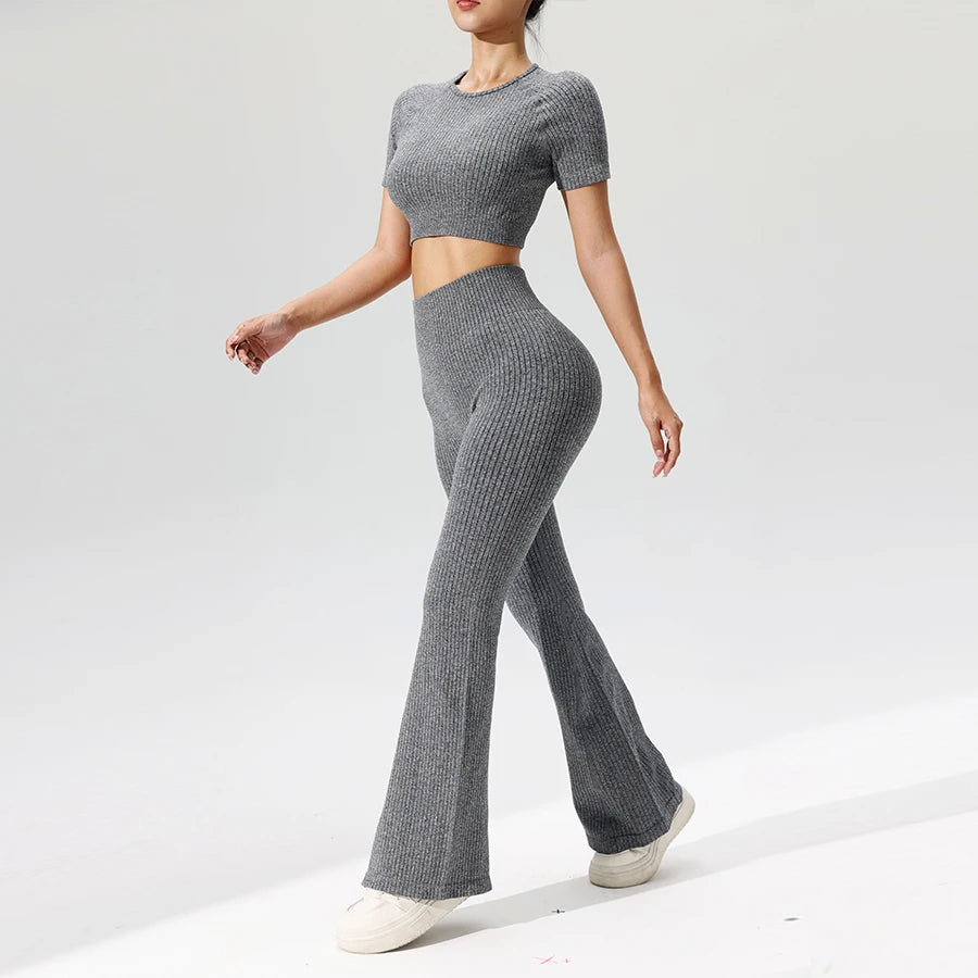 Women’s Seamless Crop Top and Flared Pants Set