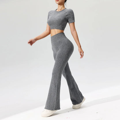 Women’s Seamless Crop Top and Flared Pants Set