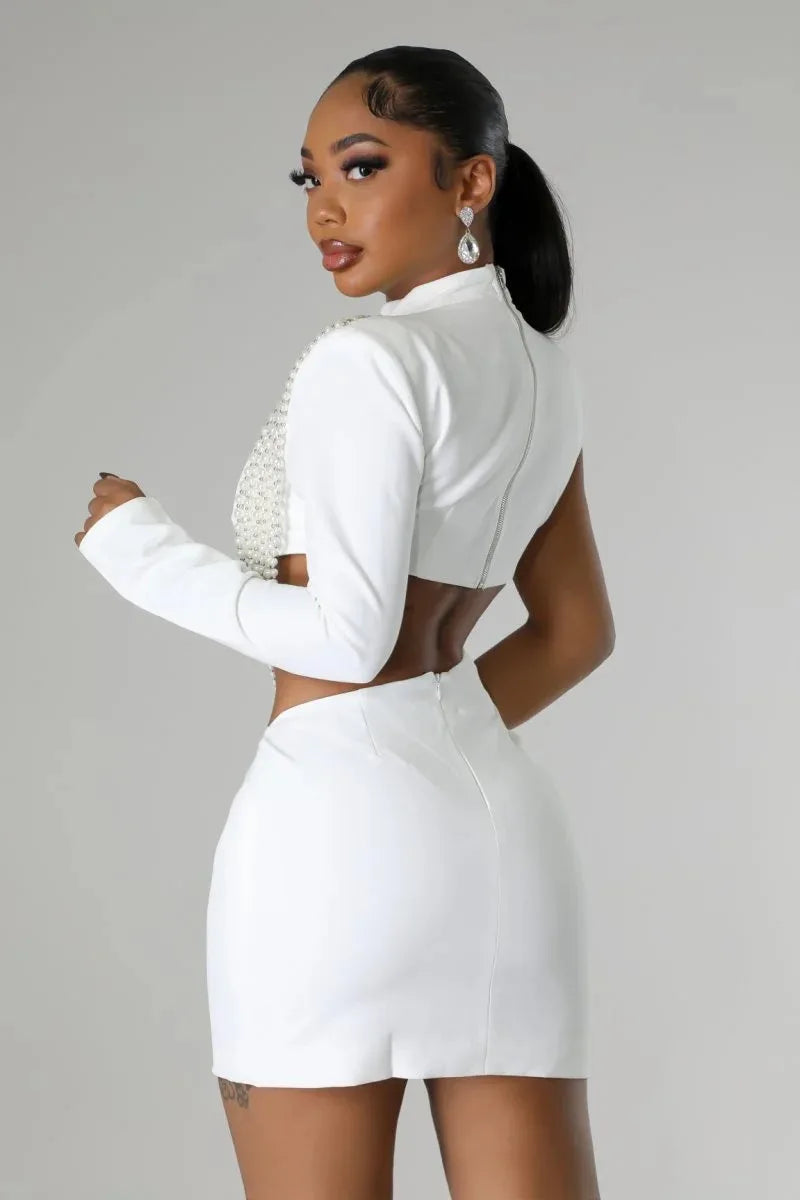 Women’s Full-Sleeve O-Neck Pearl Detail Mini Dress