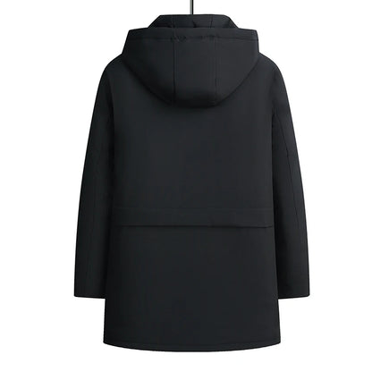 Black hooded coat on a white background