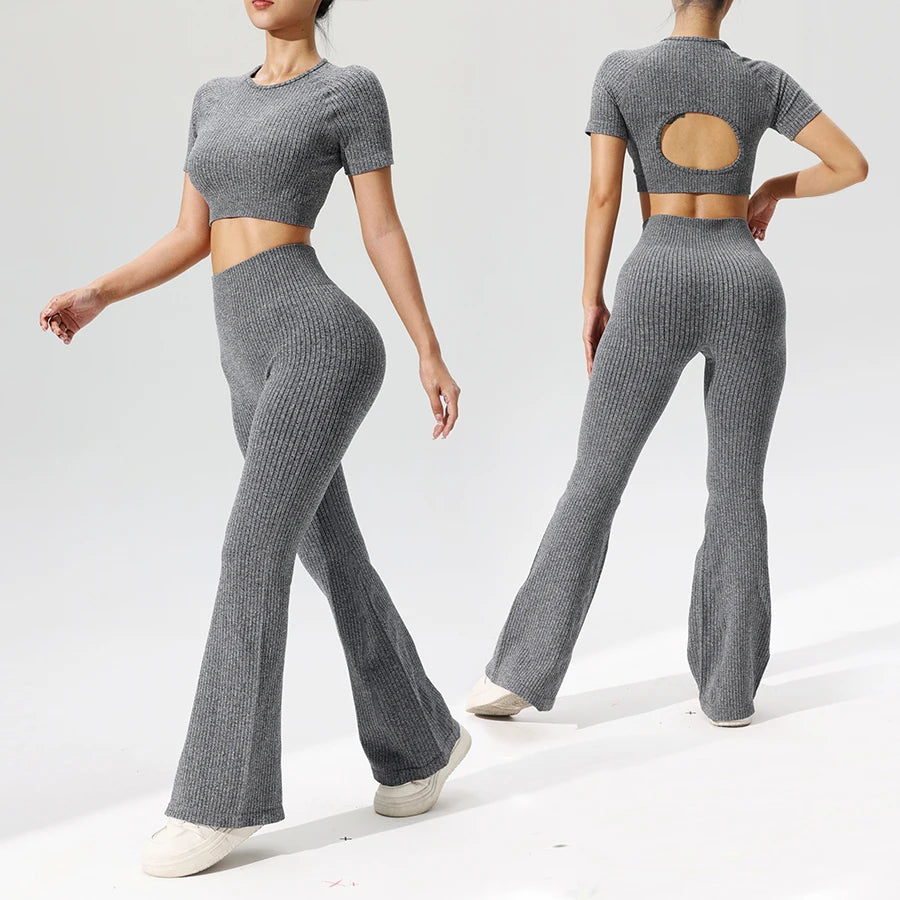 Women’s Seamless Crop Top and Flared Pants Set