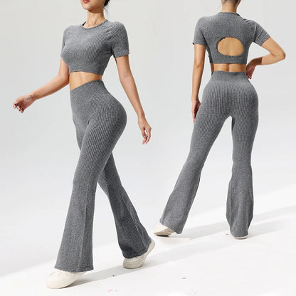 Women’s Seamless Crop Top and Flared Pants Set