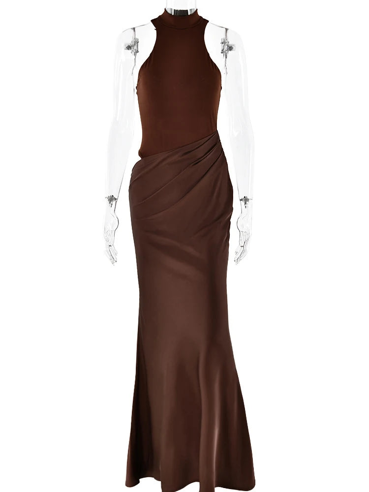 Women's Satin Sleeveless Hollow Out High Waist Maxi Dress