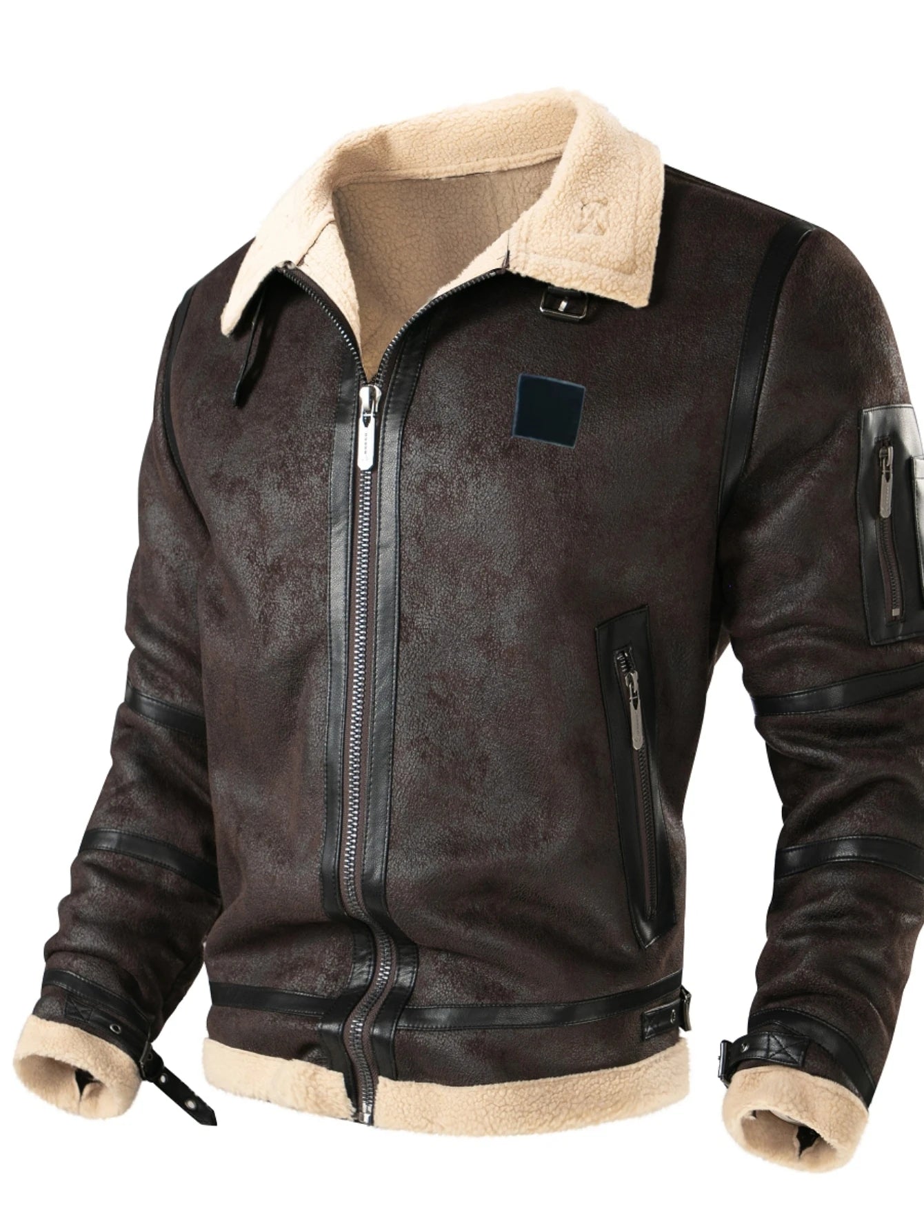 Brown leather jacket with beige interior on a white background
