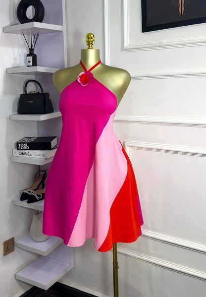 Women’s Colorblock Halter Backless Floral A-Line Mini Dress