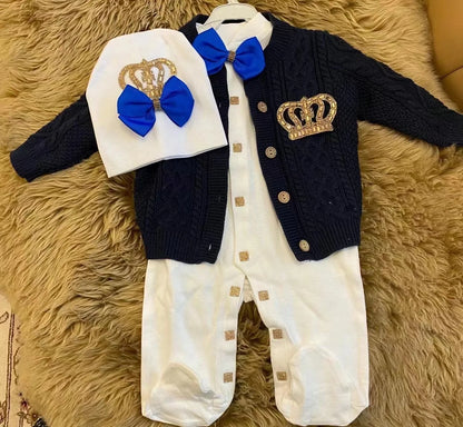 2026 Royal Blue Crochet Baby Romper and Bonnet Set
