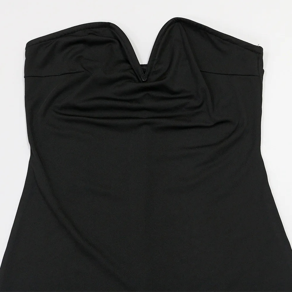 Black strapless dress on a white background