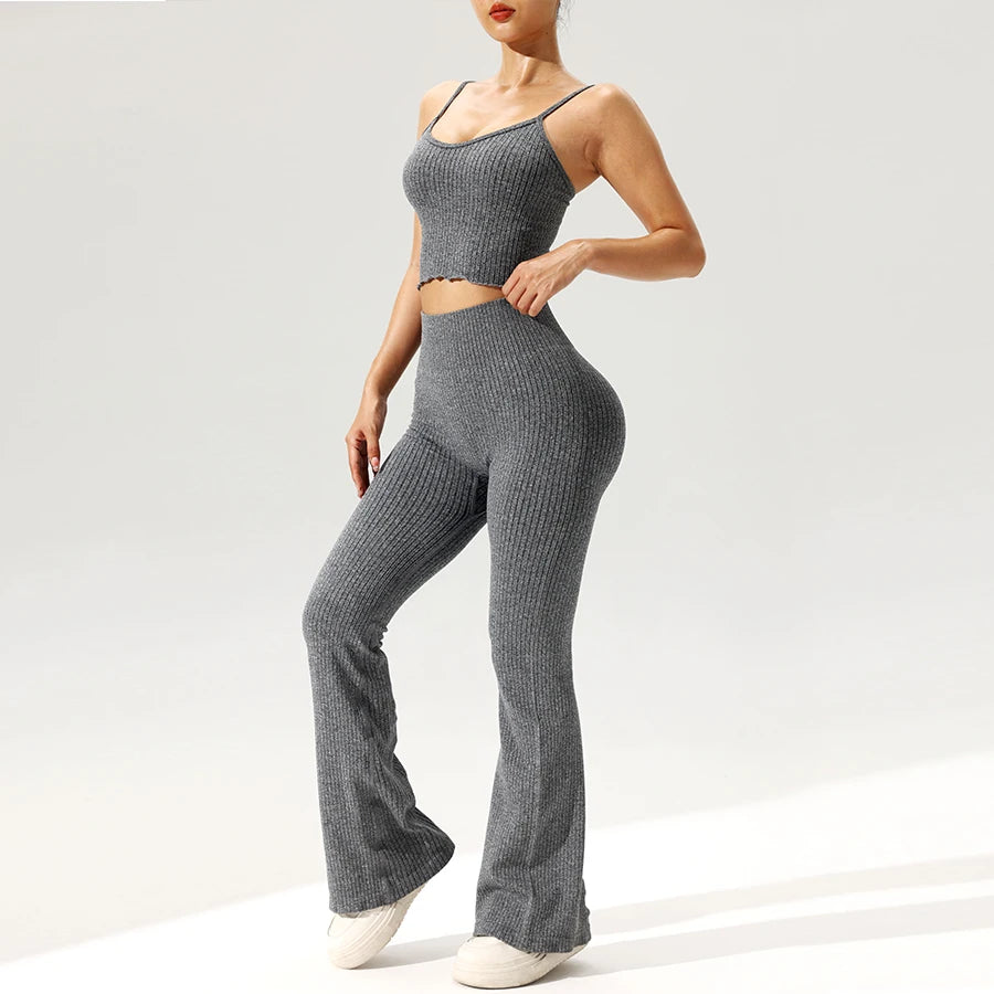 Women’s Seamless Ribbed Tank and Flared Pants Set