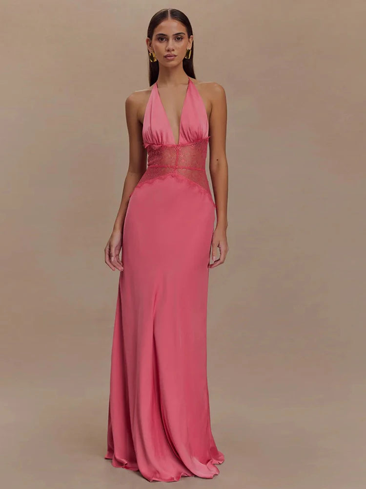 Women's Halter Backless Patchwork Polka Dot Maxi Dress