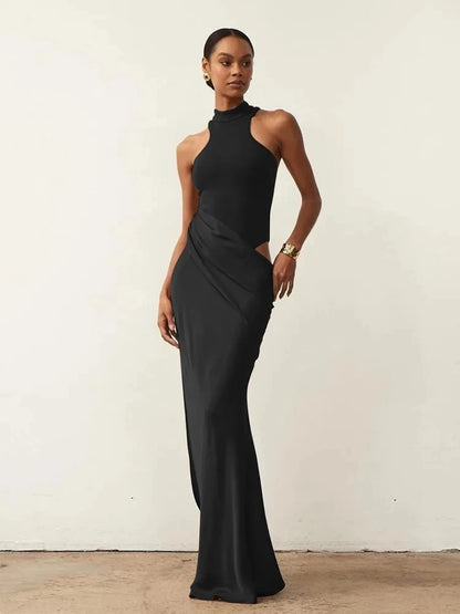Women's Satin Sleeveless Hollow Out High Waist Maxi Dress