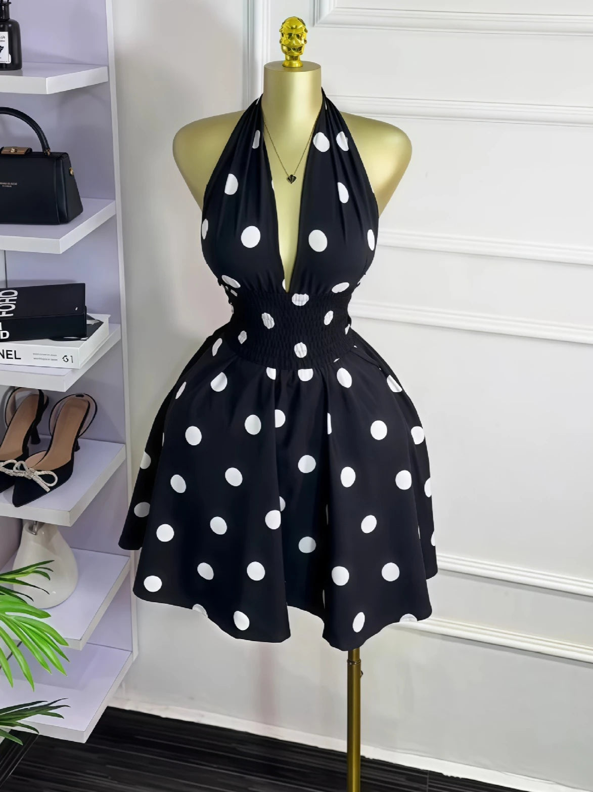 Women’s Halter V-Neck Dot Print A-Line Mini Dress