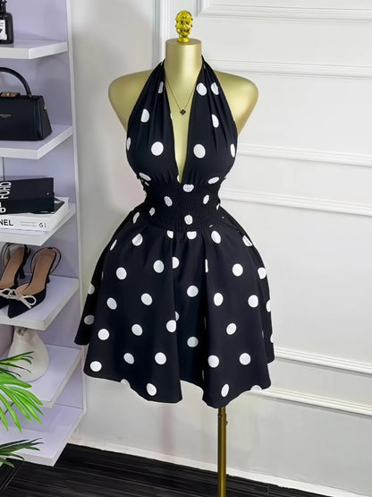 Women’s Halter V-Neck Dot Print A-Line Mini Dress