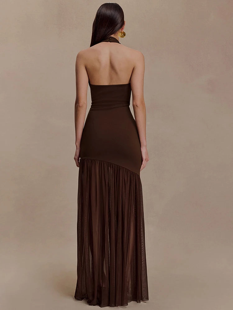 Women's Halter Backless Patchwork Hollow Out Maxi Dress