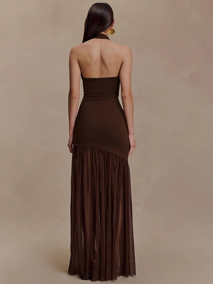 Women's Halter Backless Patchwork Hollow Out Maxi Dress