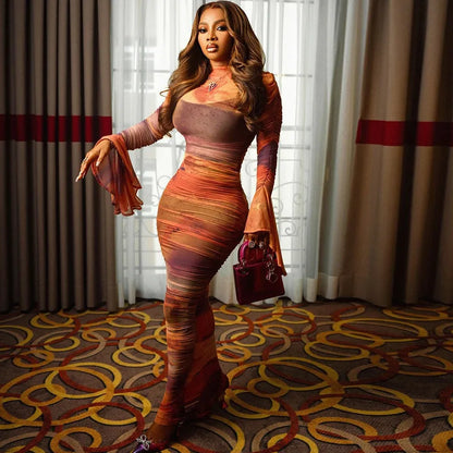 Women’s Printed O-Neck Ruched Bodycon Maxi Dress