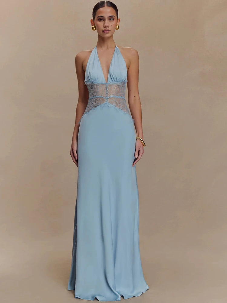 Women's Halter Backless Patchwork Polka Dot Maxi Dress