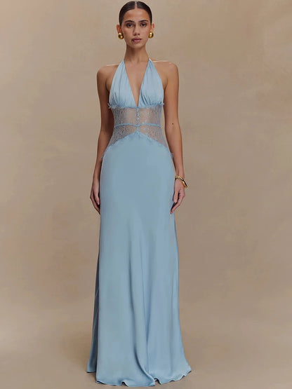 Women's Halter Backless Patchwork Polka Dot Maxi Dress