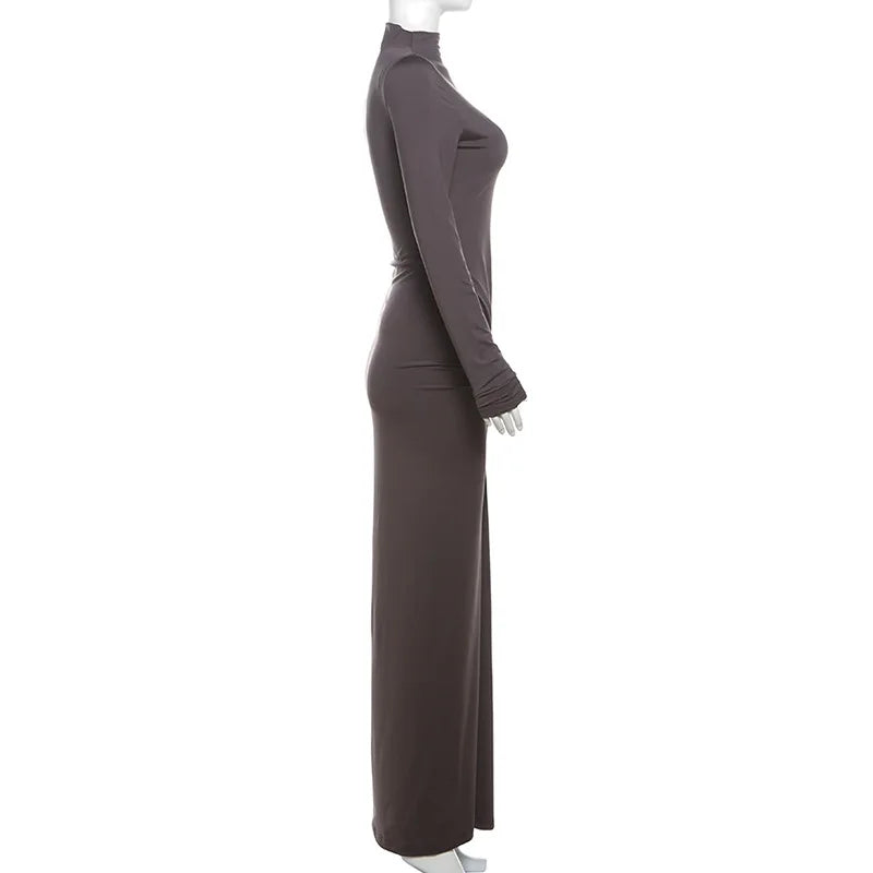 Women’s Pleated Patchwork Maxi Dress – High Waist, Long Sleeve, Slim Fit Party Dress