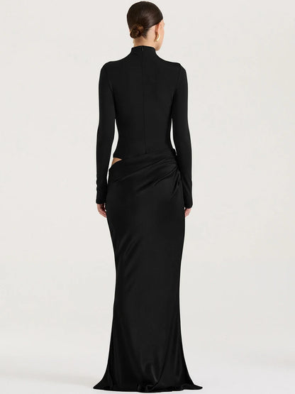 Women's Turtleneck Satin Hollow Out Long Sleeve Maxi Dress