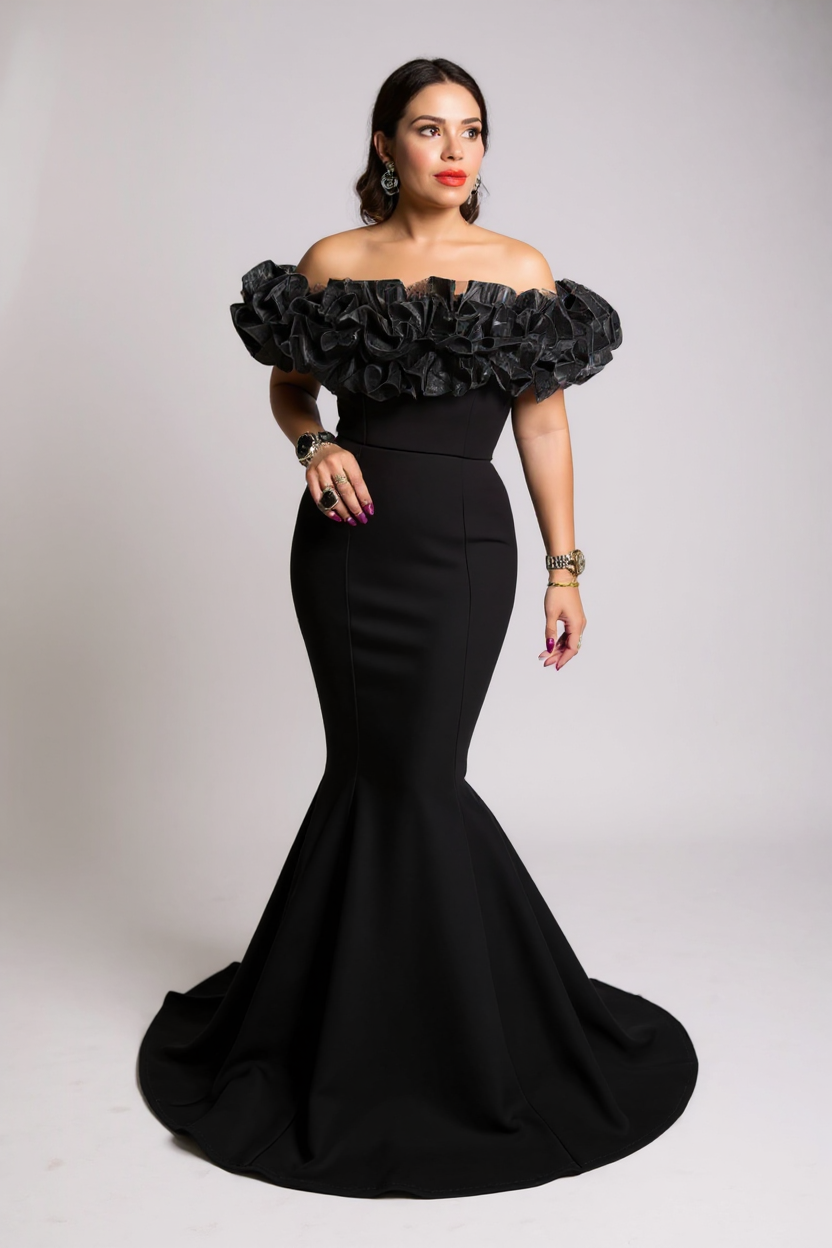 Woman wearing a black off-shoulder gown with floral details on a white background