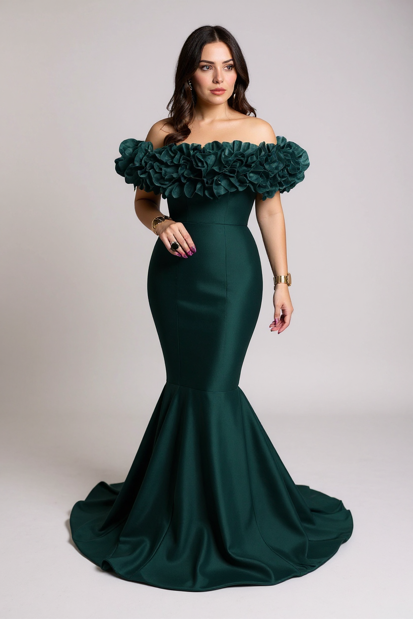 Woman wearing a dark green off-shoulder gown with floral details on a plain background
