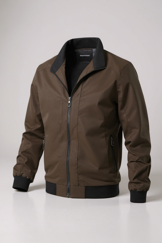 Brown jacket with black accents on a white background