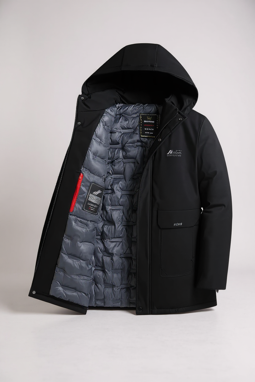 Black winter jacket with quilted gray interior on a white background