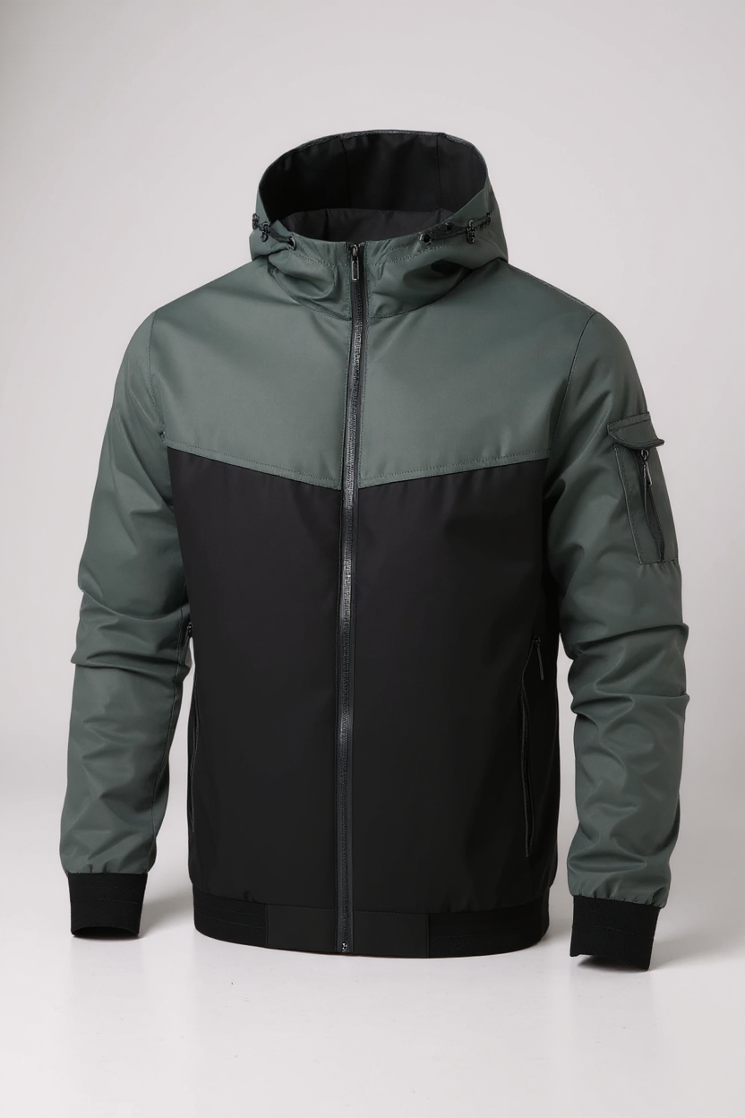 Two-tone gray and black jacket with a hood on a white background