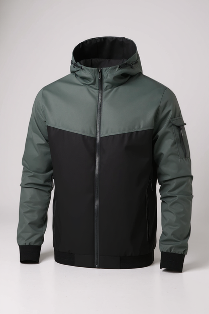 Two-tone gray and black jacket with a hood on a white background