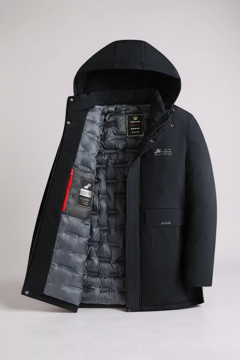 Black winter coat with gray quilted lining on a light gray background