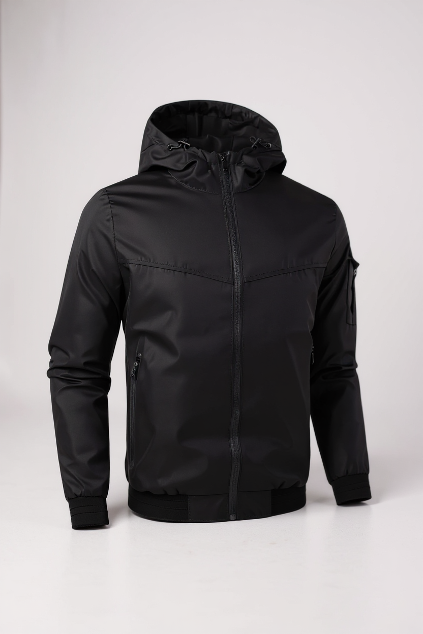 Black jacket with a hood on a white background