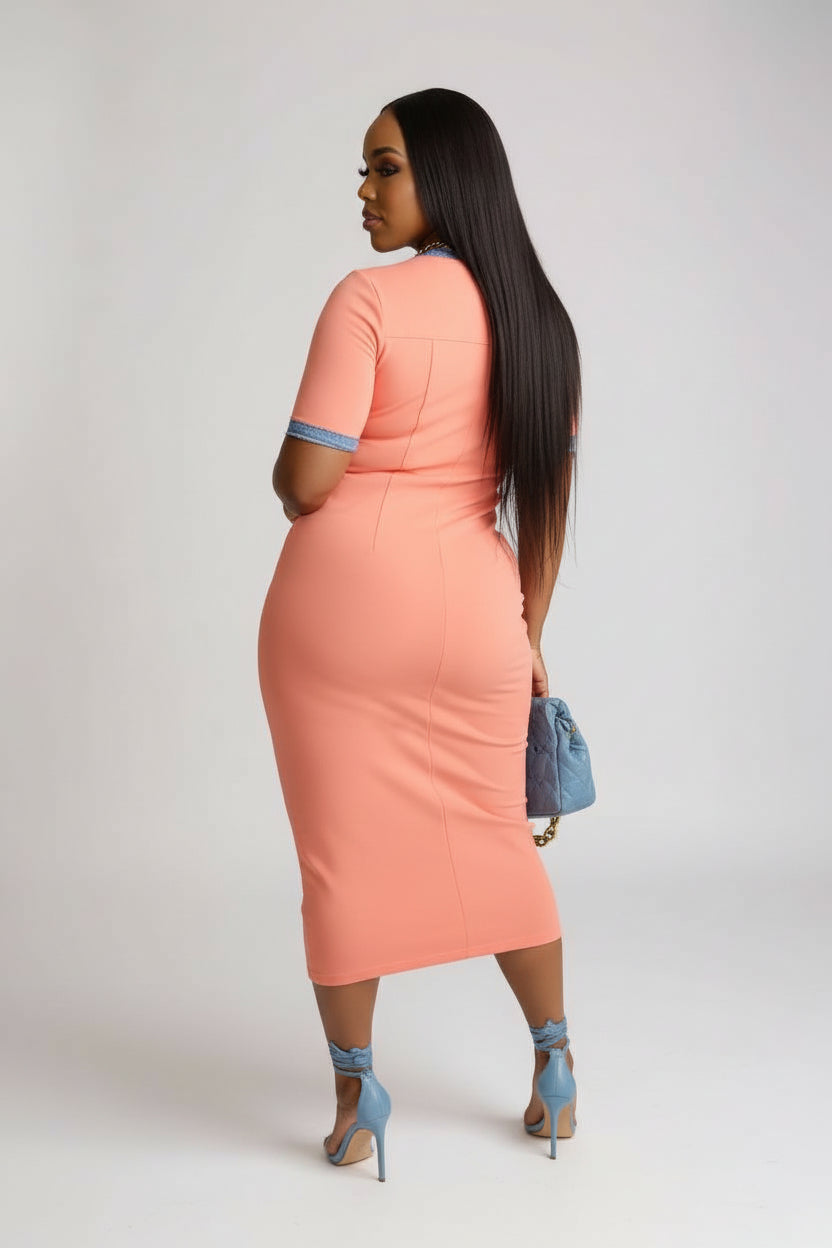 Midi Knit Dress with Pockets, V-Neck, Slim Fit, High Stretch