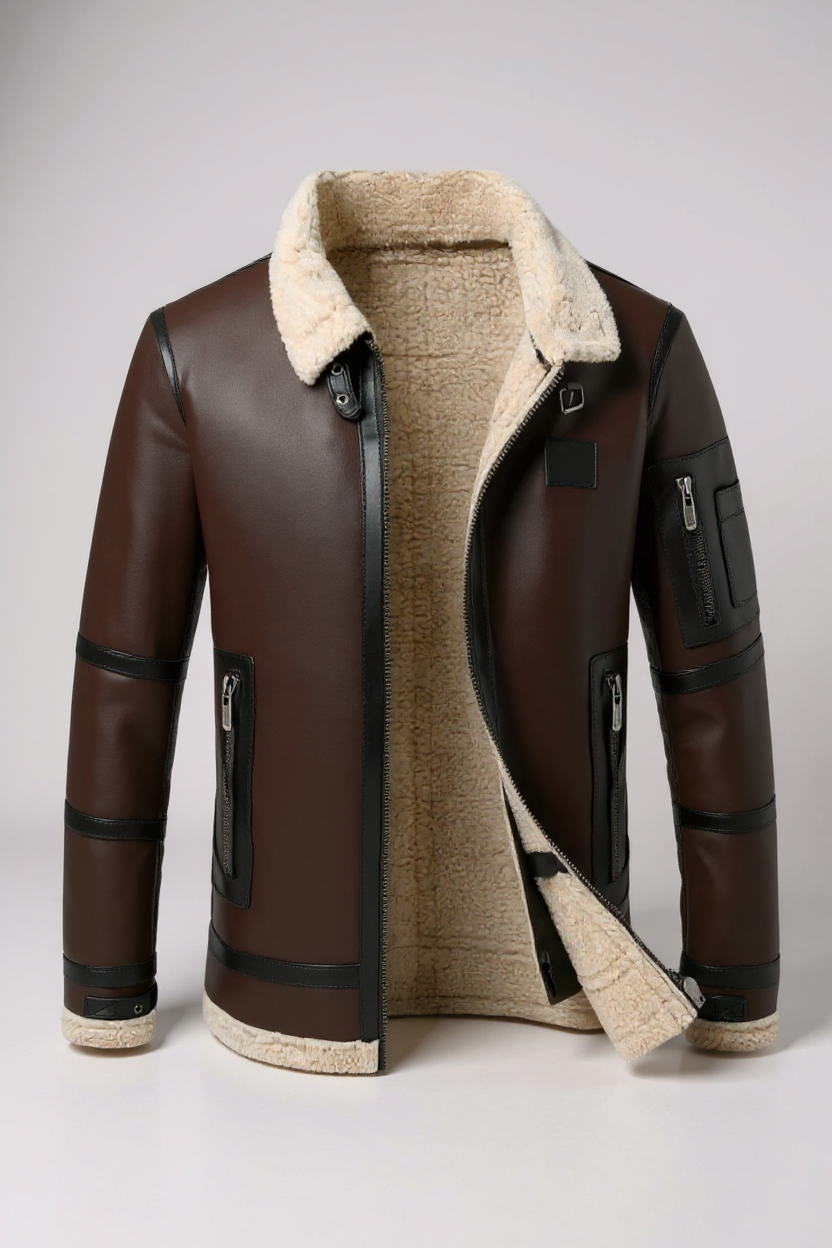 Brown leather jacket with beige shearling lining on a light gray background